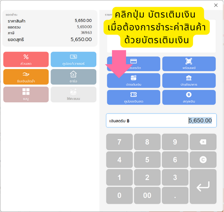 หน้ารับชำระเงินของ POSWARE ยอดสุทธิ 5,650 บาท มีลูกศรชี้ไปที่ปุ่มบัตรเติมเงินท่ามกลางช่องทางชำระเงินอื่น