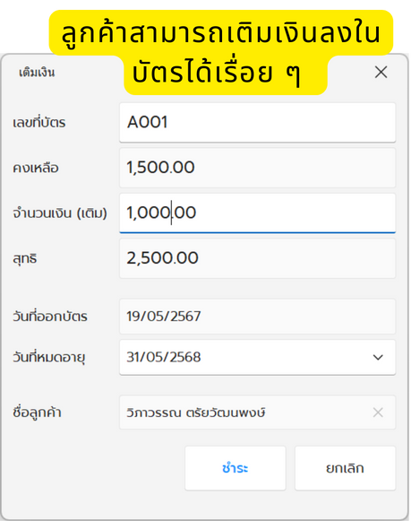 หน้าต่างเติมเงินของบัตรเลขที่ A001 แสดงยอดคงเหลือ 1,500 บาท เติมเพิ่ม 1,000 บาท และยอดสุทธิ 2,500 บาท