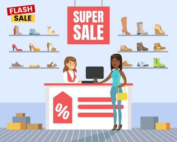 ภาพประกอบร้านรองเท้าที่ติดป้าย SUPER SALE และ FLASH SALE มีพนักงานอยู่หลังเคาน์เตอร์คิดเงินและลูกค้ายืนอยู่หน้าเคาน์เตอร์